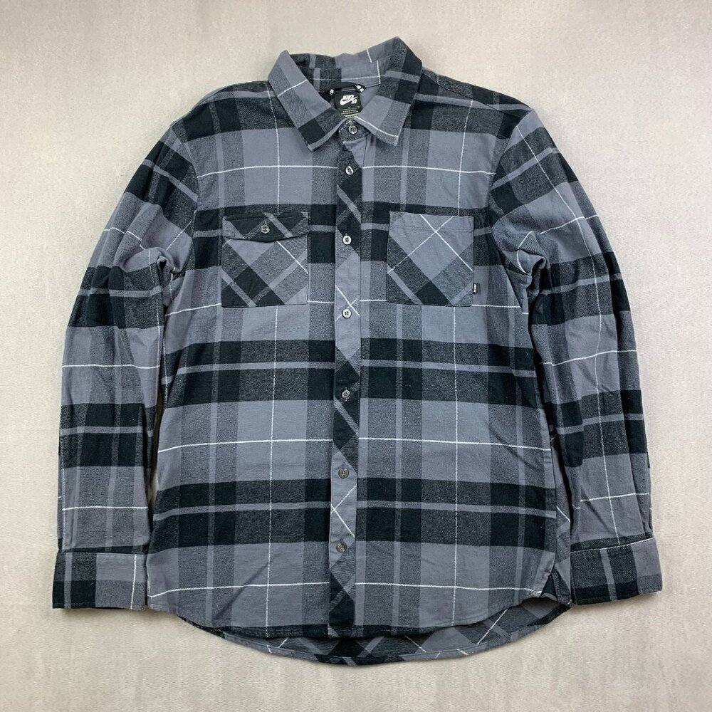 Nike Sb Mens Flannel Shirt Large Gray Plaid Button Up Long Sleeve Skateboarding